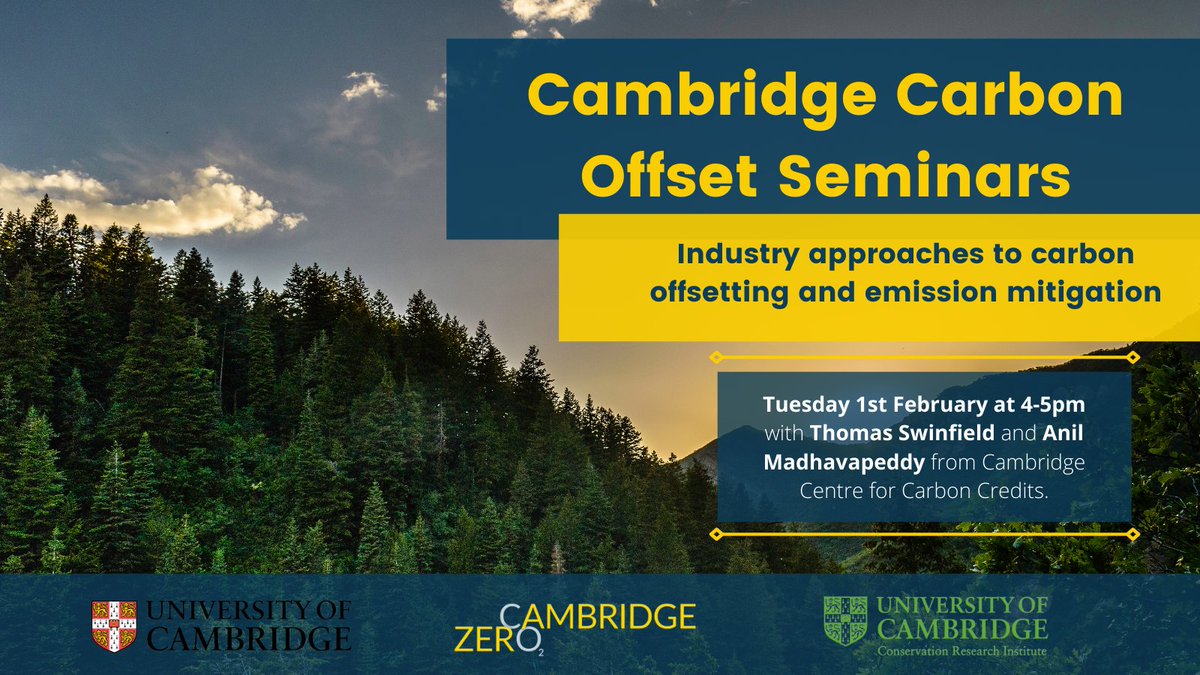 The Cambridge Centre for Carbon Credits aims to create a trusted marketplace for carbon credits!🌱 

Hear from the newly launched center’s <a href="/Tomswinfield/">Tom Swinfield</a> and <a href="/avsm/">Anil Madhavapeddy</a> on the Cambridge carbon offset seminar on 1/2/22. 

Read more &amp; join: bit.ly/3FmGVQ4