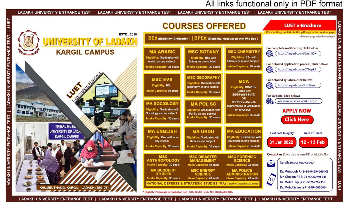 UoL offers following subjects in Kargil campus...