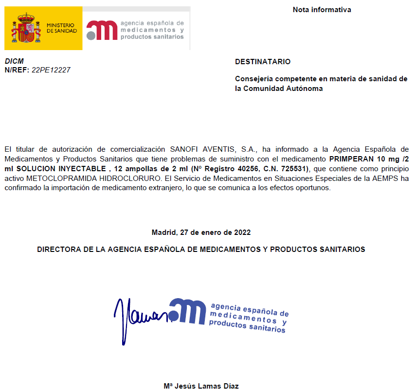 FarmaciAPMalaga's tweet photo. Informa @AEMPSGOB del #Desabastecimiento de PRIMPERAN 10 mg/2ml, 12 ampollas (C.N. 725531 [METOCLOPRAMIDA HIDROCLORURO]. Se habilita su petición por Medicamentos Extranjeros. https://t.co/zbnpSp7IaY
