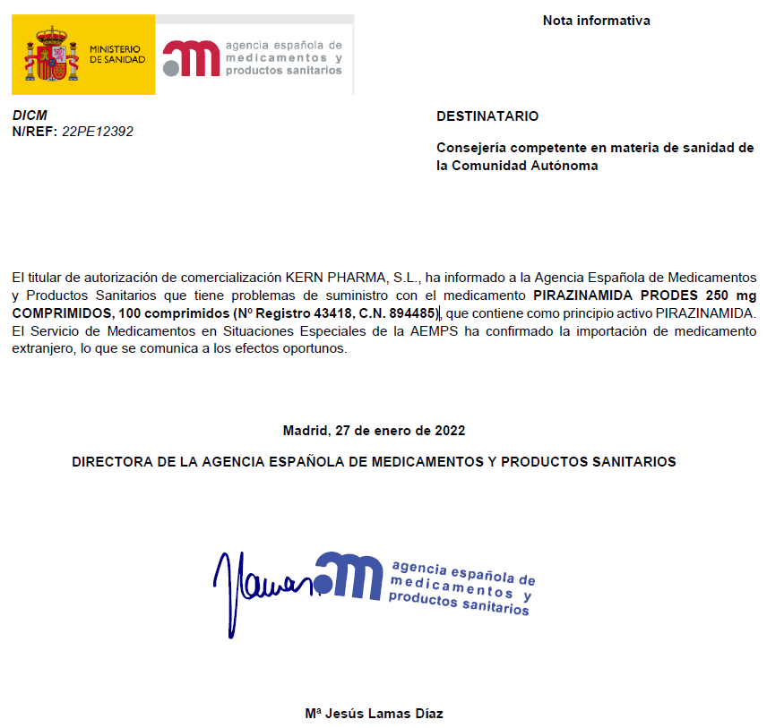 FarmaciAPMalaga's tweet photo. Informa @AEMPSGOB del #Desabastecimiento de PIRAZINAMIDA PRODES 250 mg, 100 comprimidos (C.N. 894485). Se habilita su petición por Medicamentos Extranjeros. https://t.co/5jfFcgtFnV