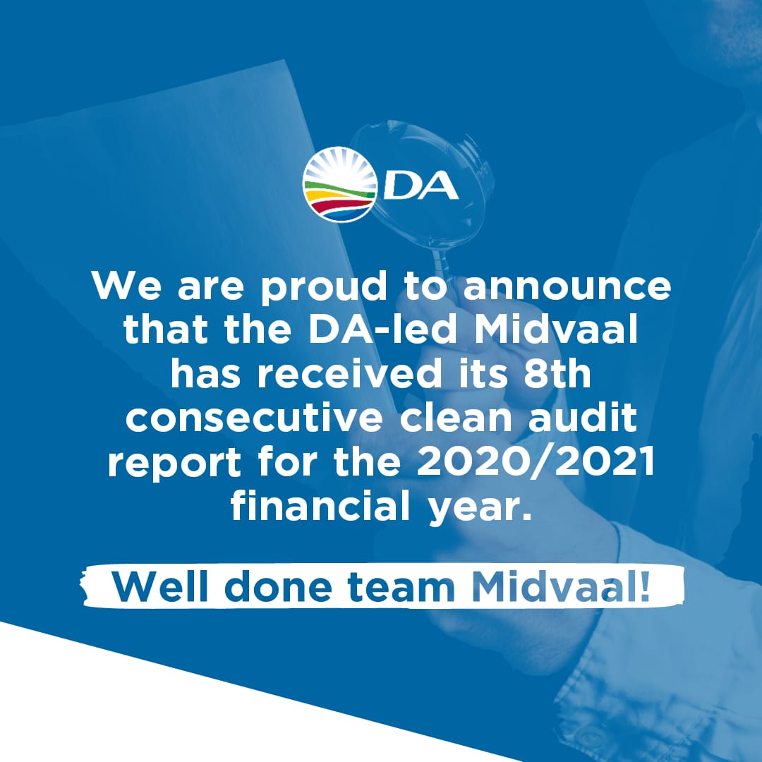 DAGauteng's tweet photo. 🎉| 8th clean audit for DA-led Midvaal Municipality.

The DA-led Midvaal Local Municipality has received its 8th consecutive clean audit. 

Where we govern, we ensure that taxpayers’ money is spent on delivering services efficiently to our communities. https://t.co/n0NvvRDR0m