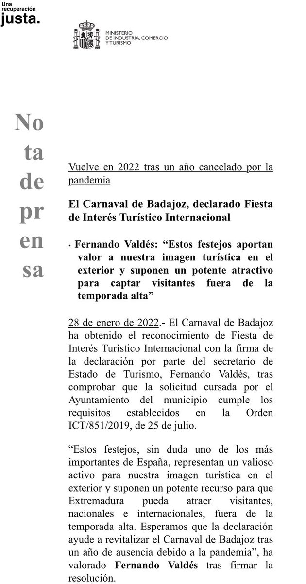 DGobExtremadura's tweet photo. 🔴 ¡Ya es oficial! El Gobierno acaba de firmar la declaración del Carnaval de Badajoz como Fiesta de Interés Turístico Internacional.

🎭Felicidades pacenses, el título es vuestro🎭

➕ Info: https://t.co/0v874hUPfp