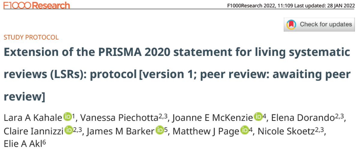 Happy to share that we are officially extending the PRISMA 2020 statement for living systematic reviews!! <a href="/jomck15/">Jo McKenzie</a> <a href="/jamesmbarker1/">James Barker</a> @mjpages <a href="/NSkoetz/">Nicole Skoetz</a> <a href="/Elie__Akl/">Elie Akl</a>