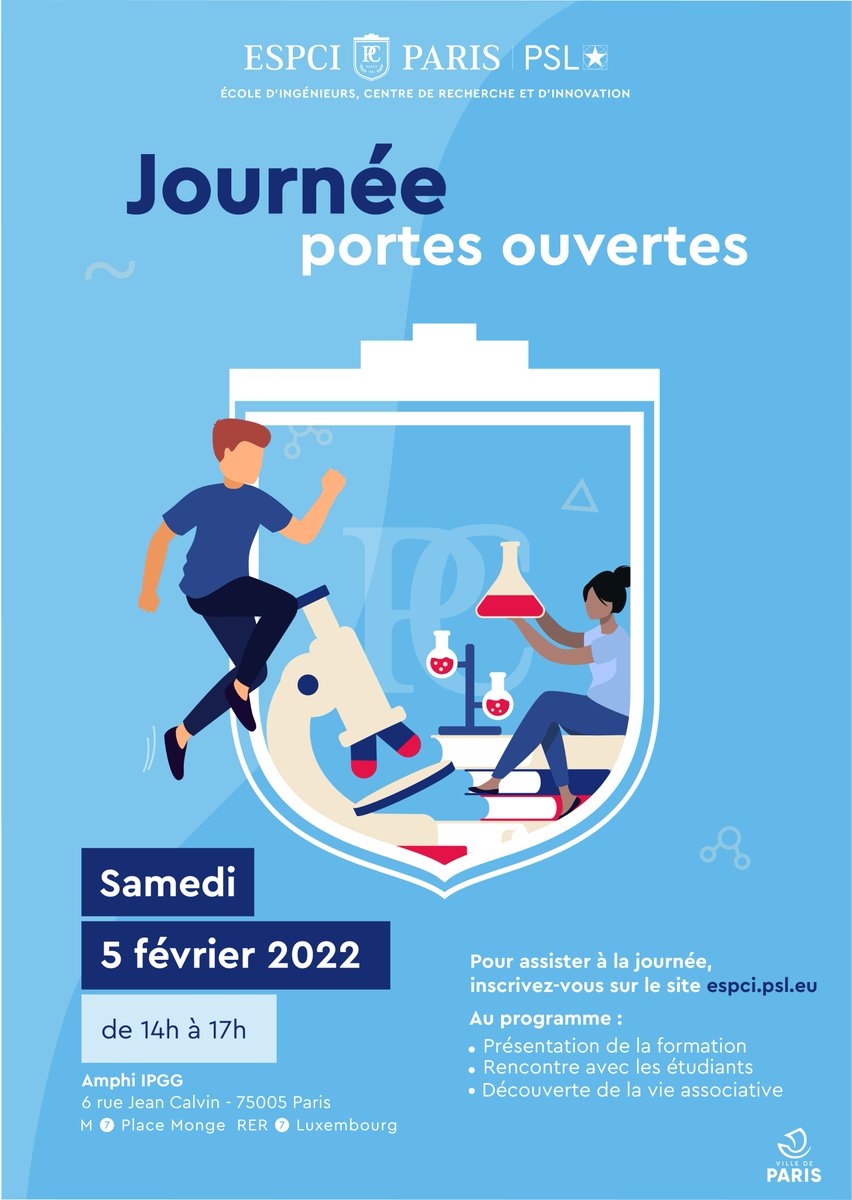 ESPCI Paris - PSL (@espci_paris) on Twitter photo Portes ouvertes : le 5/02 l'ESPCI ouvre ses portes !
Présentation de la formation, discussion avec les étudiants, les <a href="/ESPCI_Alumni/">ESPCI Alumni</a> : un programme riche pour découvrir une formation d'ingénieur/chercheur unique en France !
Inscription : espci.psl.eu/fr/actualites/…
#grandeecole #JPO Portes ouvertes : le 5/02 l'ESPCI ouvre ses portes !
Présentation de la formation, discussion avec les étudiants, les <a href="/ESPCI_Alumni/">ESPCI Alumni</a> : un programme riche pour découvrir une formation d'ingénieur/chercheur unique en France !
Inscription : espci.psl.eu/fr/actualites/…
#grandeecole #JPO