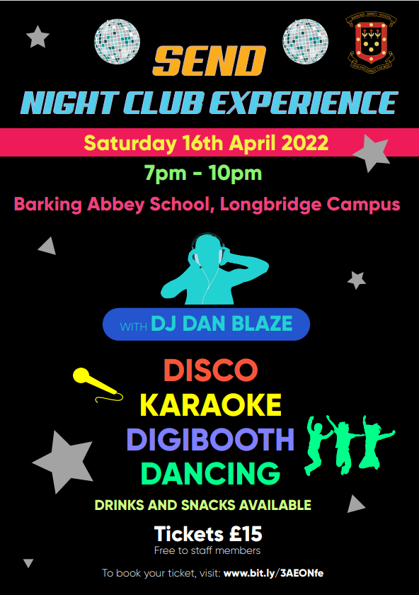BA_Inclusion's tweet image. *BIG ANNOUNCEMENT*
We are hosting a #SEND Nightclub Experience at Barking Abbey School on 16th April 2022. 
This is giving young people with #AdditionalLearningNeeds a safe environment to practice their #SocialSkills
To book your ticket please visit: bit.ly/3AEONfe