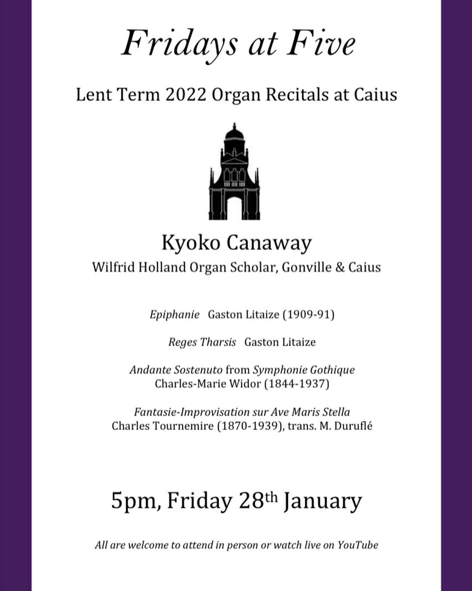 Our organ recital series continues in the chapel this evening at 5pm with Kyoko Canaway! You can also watch online at: youtube.com/watch?v=v5oWNA…
 
<a href="/CaiusCollege/">Gonville & Caius College</a> <a href="/Cambridge_Uni/">Cambridge University</a>