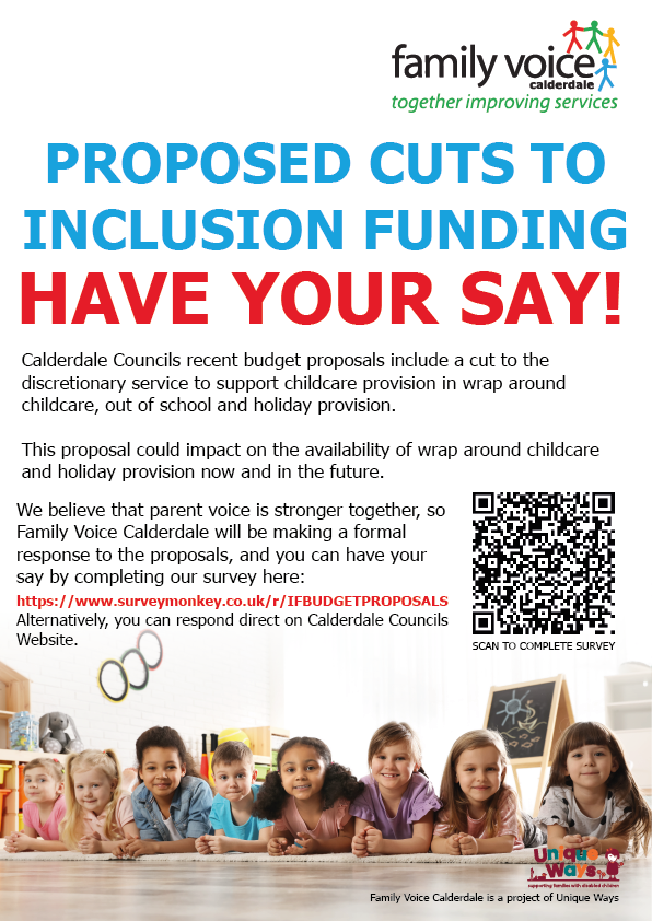 UniqueWaysUK's tweet photo. PROPOSED CUTS TO INCLUSION FUNDING - HAVE YOUR SAY!

#Calderdale Councils recent budget proposals include a cut to the discretionary service to support #childcare provision in wrap around childcare, out of school and holiday provision. #SEND #Inclusion #Funding #Budget 1/4 https://t.co/soGKFieBfc