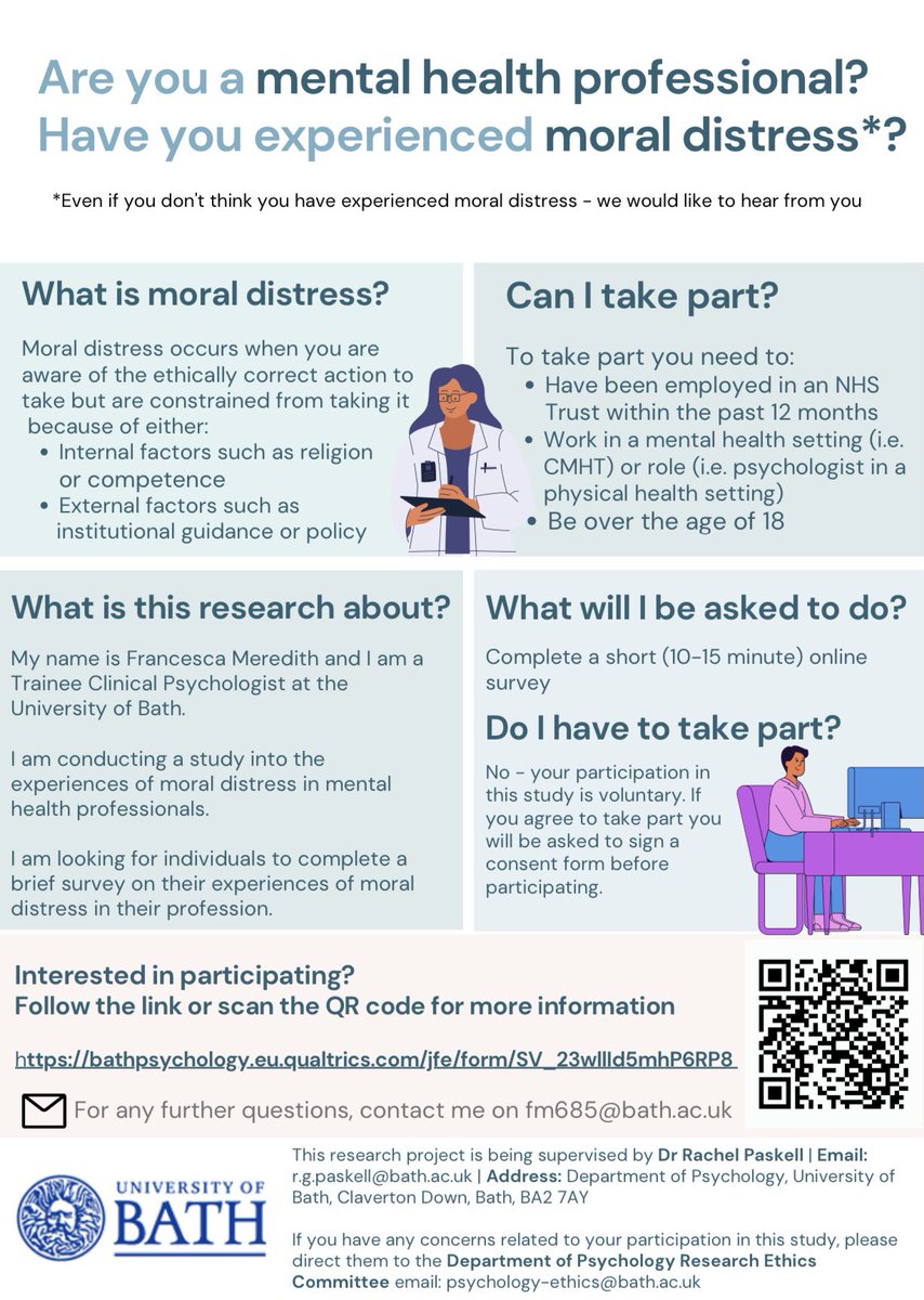 🗣 Looking for mental health professionals to take part in a short survey on their experiences moral distress 

✅ Open to nursing, OT, psychology, psychiatry, HCA and other allied health professionals working in MH. More info below ⬇️

Follow the link:
bathpsychology.eu.qualtrics.com/jfe/form/SV_23…
