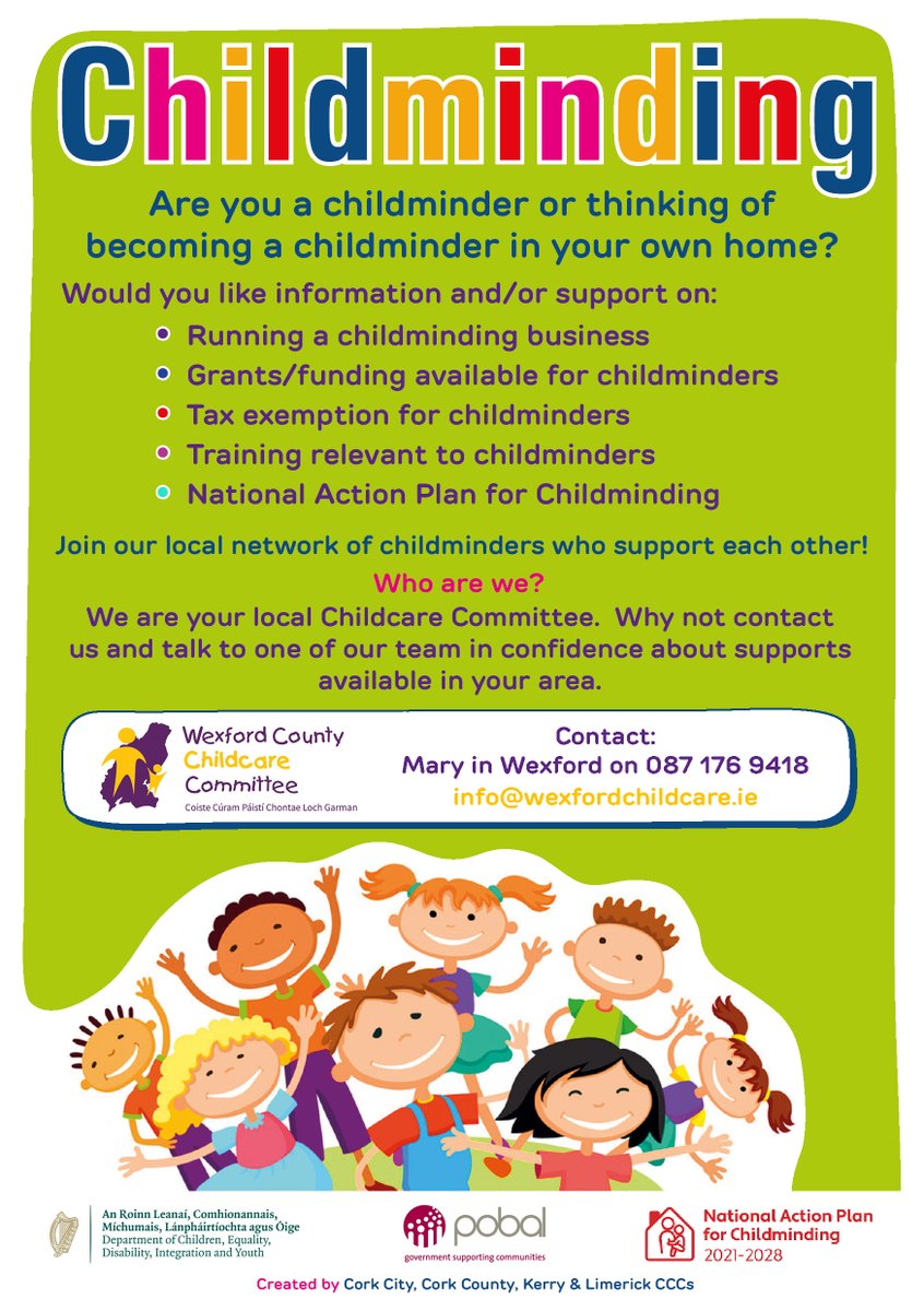 WxCoChildcare's tweet photo. CHILDMINDING
Are you a childminder or thinking of becoming a childminder in your own home? 
WxCCC can help, call Mary on 087 176 9418 or email info@wexfordchildcare.ie https://t.co/pO9dN1Ab6z