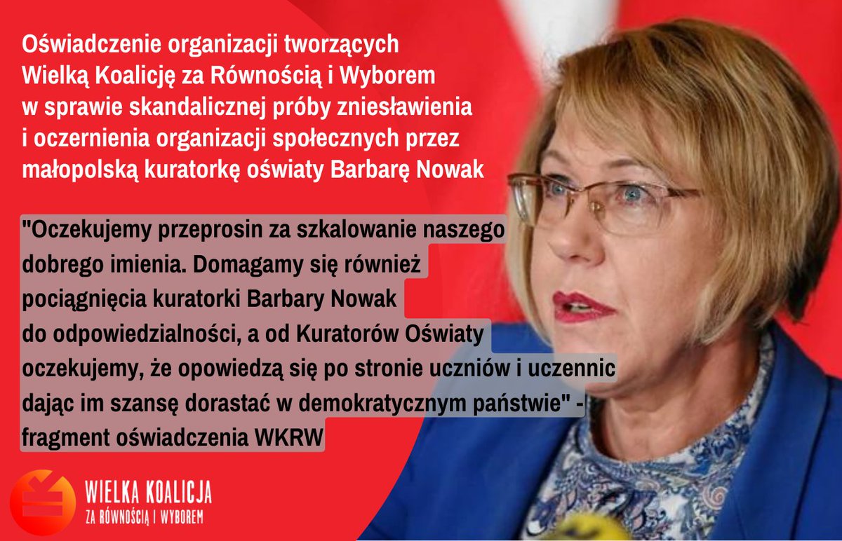 📣Dziś wysłałyśmy oświadczenie do kuratoriów oświaty w sprawie prób zniesławienia i zaszczucia organizacji, które na co dzień budują społeczeństwo obywatelskie. 
👉Oświadczenie dostępne jest na naszej stronie: wielkakoalicja.pl