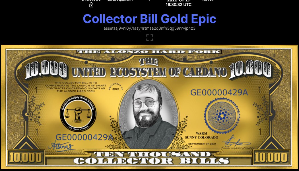 WildWildWet20's tweet photo. got this Collector Bill Gold Epic! thank you @CardanoBills for this wonder!
#CNFT #CNFTGiveaway #CNFTCommunity https://t.co/jDEhtcq9b6