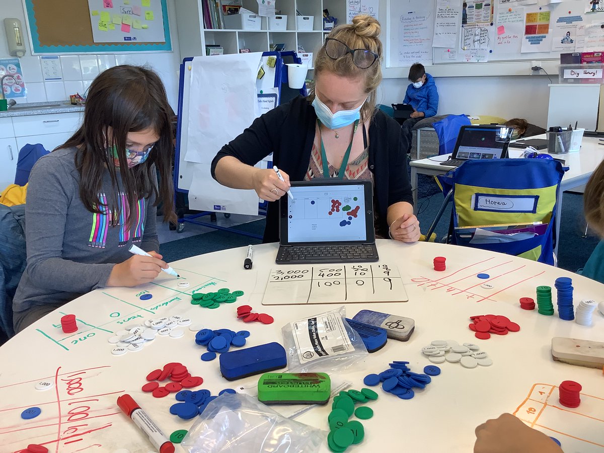#students are constructing #multidigitsubtraction meaning using both place value disks &amp; numbers inside drawn #placevaluecharts, bridging that transition between concrete and abstract. Such intentionality needs to be made to support students in this journey to abstraction.#math