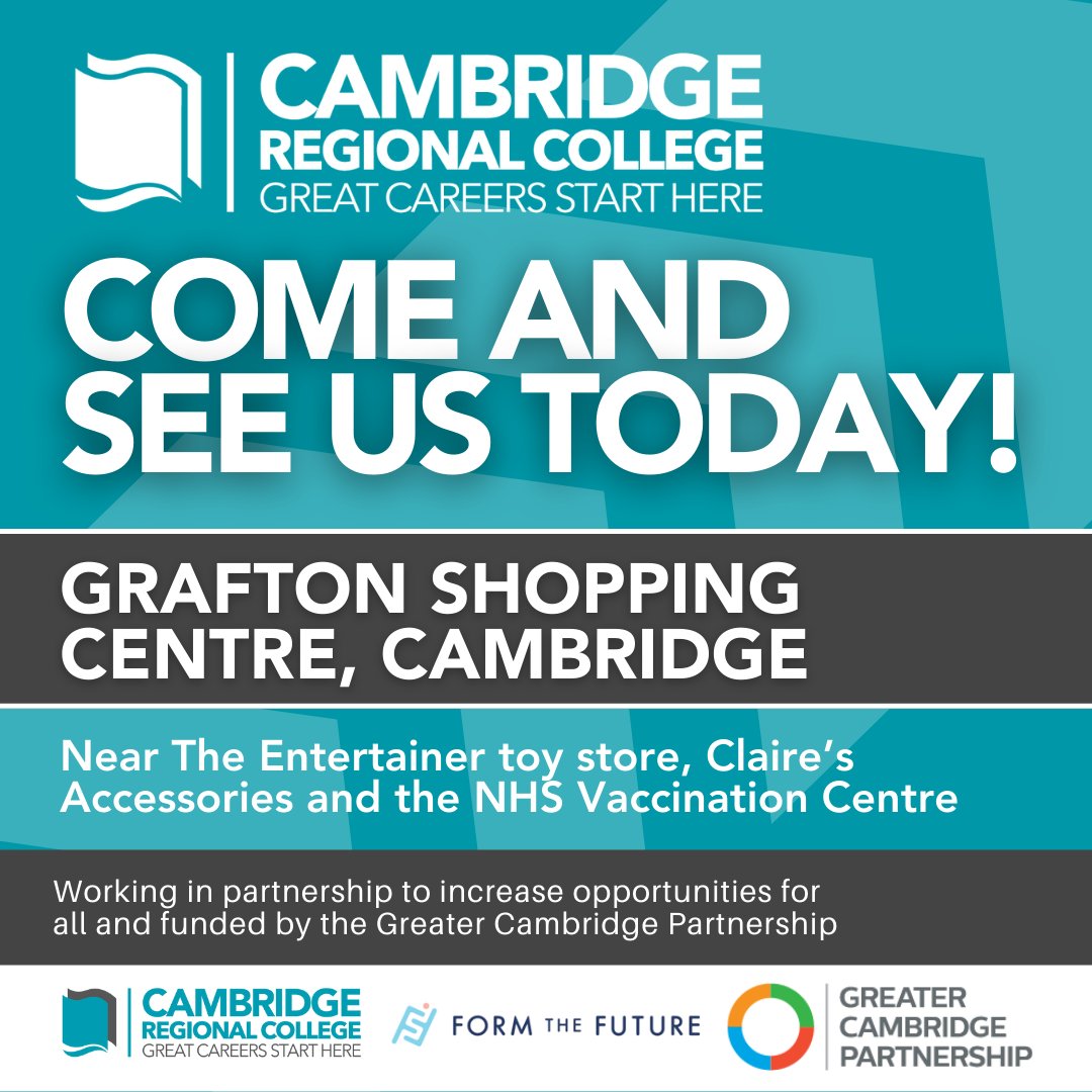 We're here in #Cambridge <a href="/thegraftoncambs/">The Grafton</a>  all day, come and say hello 👋 and find out about options to retrain, upskill, develop your English and maths, courses to help you back into work, get to university or post-GCSE or A-level study.
Working with <a href="/GreaterCambs/">Greater Cambridge Partnership</a> <a href="/form_future/">Form the Future CIC</a>