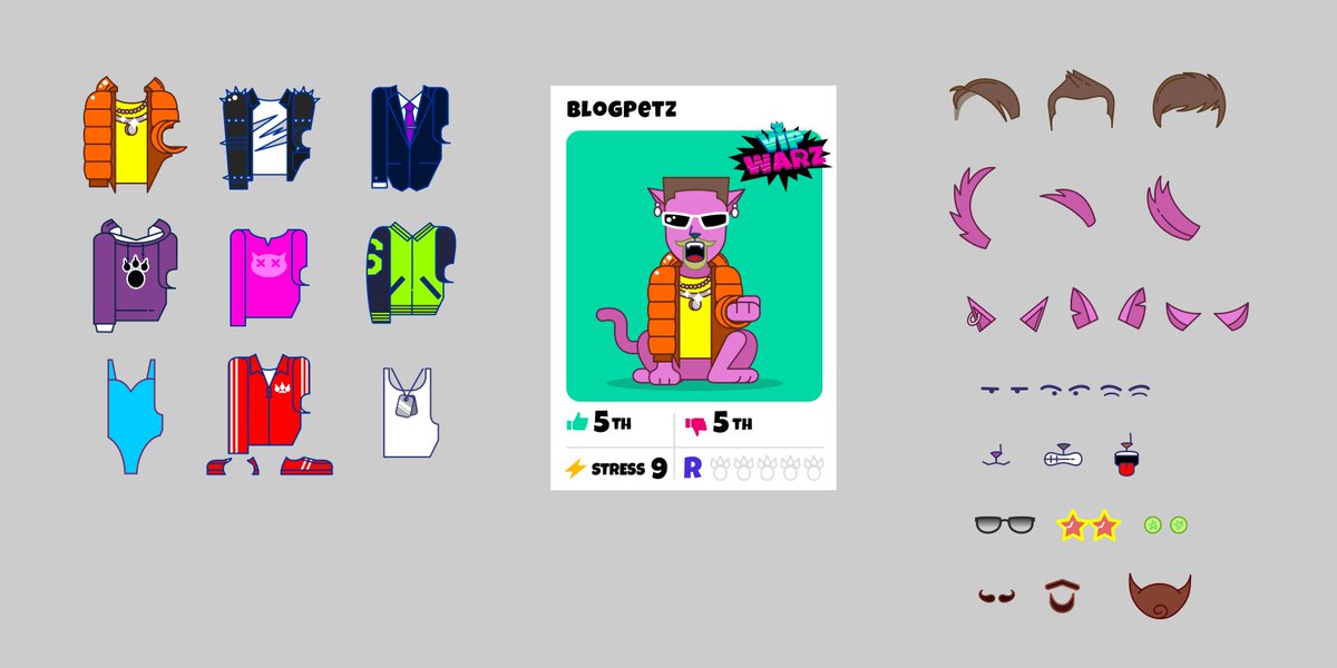 VipWarz's tweet photo. We have successfully completed the #BlogPetz testing stage of character generation. Our art director created over 80% of the elements: eyes, ears, tails, hairstyles, clothes etc. And a little sneak peak with small % of what is coming soon https://t.co/h4XHUSCZTY