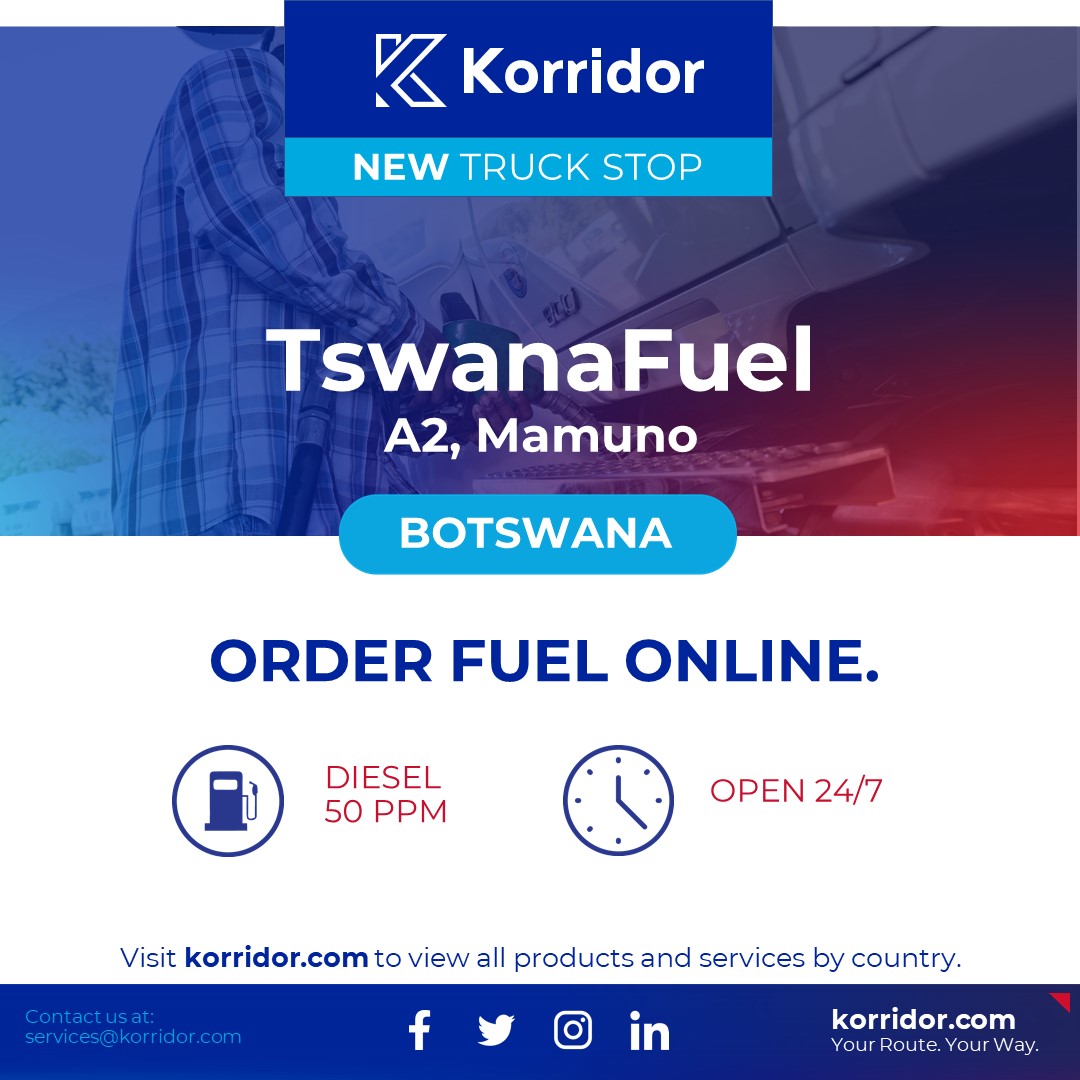 Order Fuel online with Korridor at TswanaFuel Mamuno, A2, Botswana.
#Technology #Logistics #Transport #Transportation #Freight #FleetManagement