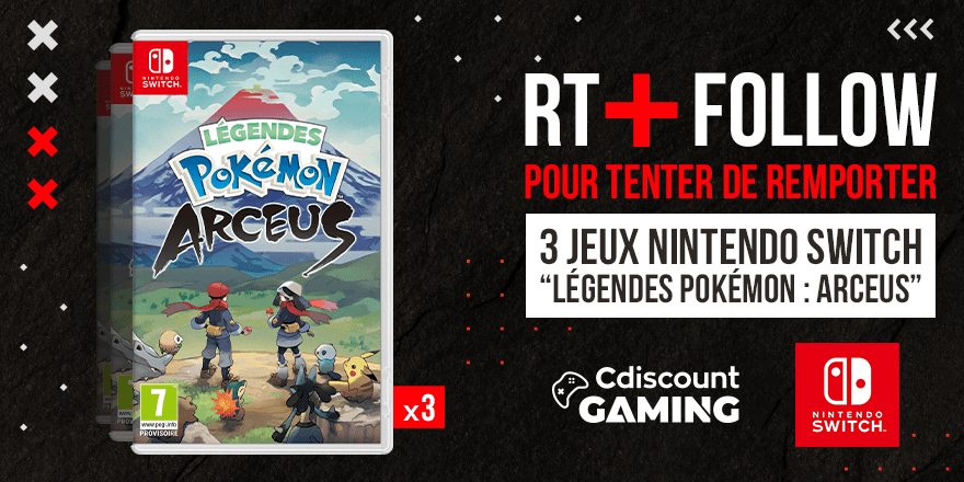 Cdiscount Gaming (@cdiscountgaming) on Twitter photo 🎁 #Concours
3 jeux ''Légendes Pokémon : Arceus'' sur Nintendo Switch à remporter : bit.ly/3nA9fZc
Pour tenter ta chance :
✔️ RT + FOLLOW <a href="/CdiscountGaming/">Cdiscount Gaming</a>
🍀 TAS le 03/02 🎁 #Concours
3 jeux ''Légendes Pokémon : Arceus'' sur Nintendo Switch à remporter : bit.ly/3nA9fZc
Pour tenter ta chance :
✔️ RT + FOLLOW <a href="/CdiscountGaming/">Cdiscount Gaming</a>
🍀 TAS le 03/02
