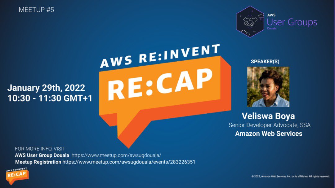 atehrosius's tweet photo. Happening tomorrow 29th. Join us @awsugDouala for a reinvent recap with an amazing guest speaker, Veliswa Boya. @Vel12171
#reinvent #aws https://t.co/9HEXCBJhvR