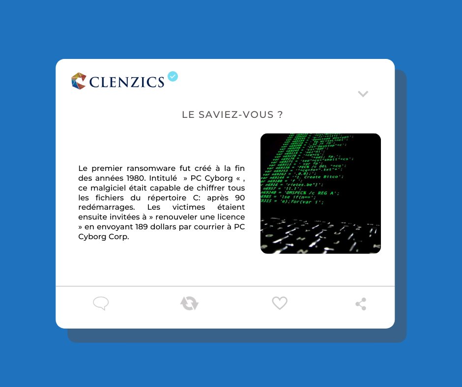 clenzics's tweet image. 💡Connaissiez-vous l&apos;histoire du premier ransomware? 

Pour en savoir plus, découvrez l&apos;article du @lebigdata_fr : hubs.ly/Q012Jz2K0

#cybersécurité #ransomware #lebigdata