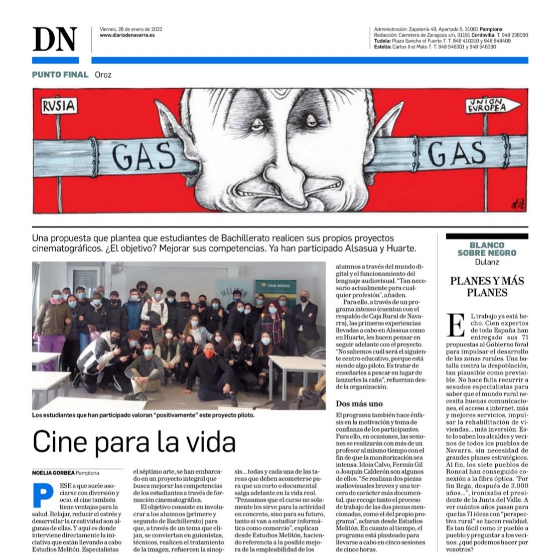 EstudiosMeliton's tweet photo. 🎥CINE PARA LA VIDA❤️
AGRADECER a @DiariodeNavarra que nos dedique la contraportada de hoy, reflejando el trabajo realizado en IES HUARTE a través de LA EXPERIENCIA CINEMATOGRÁFICA. Caja Rural es quien ha hecho posible esta actividad. https://t.co/4WheApVwg6