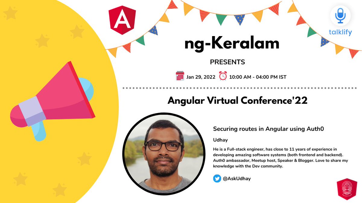 ng_keralam's tweet image. Join us with @AskUdhay at @angular Virtual Conference&apos;22 and let us explore how to secure routes in angular using Auth0
🗓️ 29th January 2022
⏰ 10:00 AM - 04:00 PM IST
👉 Reg Link - townscript.com/e/angular-virt…
#angular #ngKeralam #conference