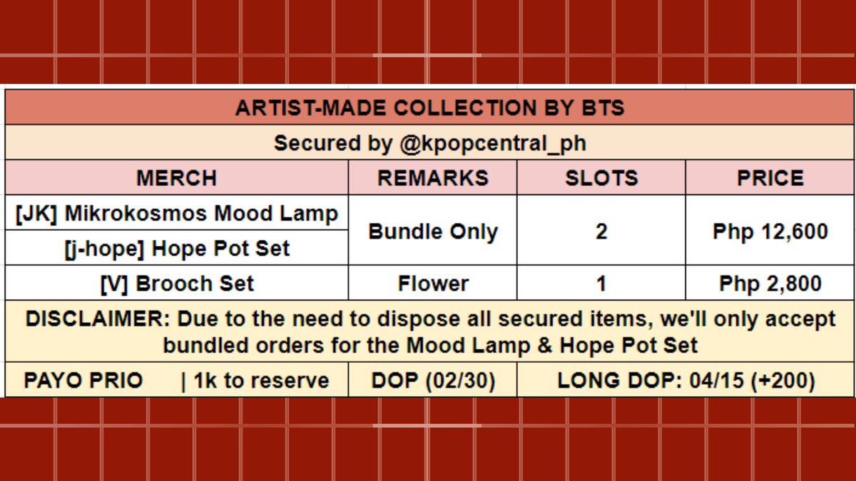 kpopcentral_ph's tweet photo. BTS ARTIST COLLECTION
• sealed &amp; official from Weverse

✅all secured
✅payo prio
✅long dop available

• JK Mikrokosmos Mood Lamp - 2
• Hope Pot Set - 2
• V Brooch Set (Flowers) - 1

💰payment scheme below

🏷wts lfb bts ph go army merch filo jungkook hobi taehyung hoseok j https://t.co/sBxr1iEltS