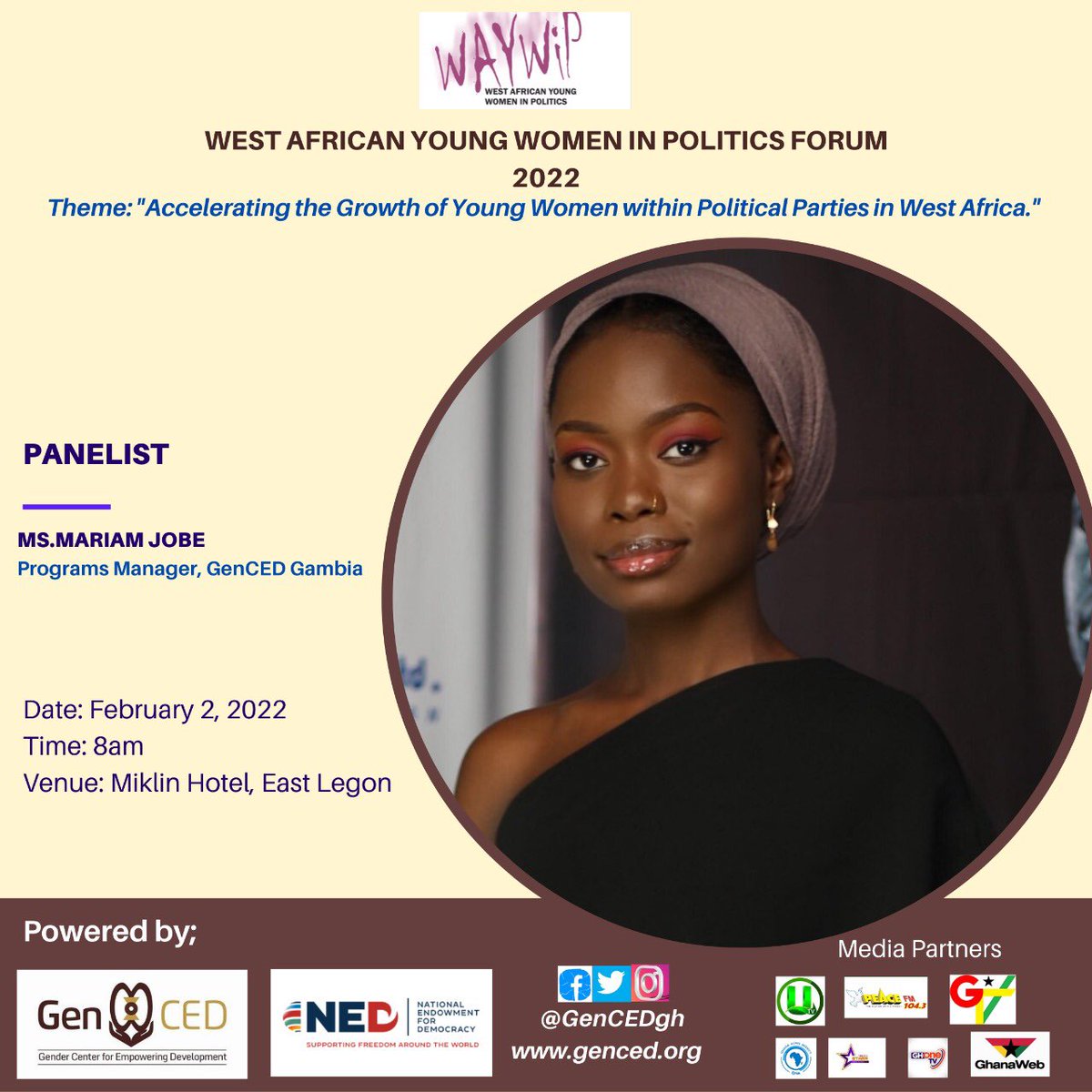 GenCEDgh's tweet photo. The programs Manager of @GencedG Mariam Jobe will also be attending. #youngwomeninpolitics 
 @west_politics @NEDemocracy @mashanubian @GeniusLeigh @PMacManu @fiamor_p @Peterclottey @LaddersNG @PoetLala @AbiodunEssiet https://t.co/tHio12AvsV
