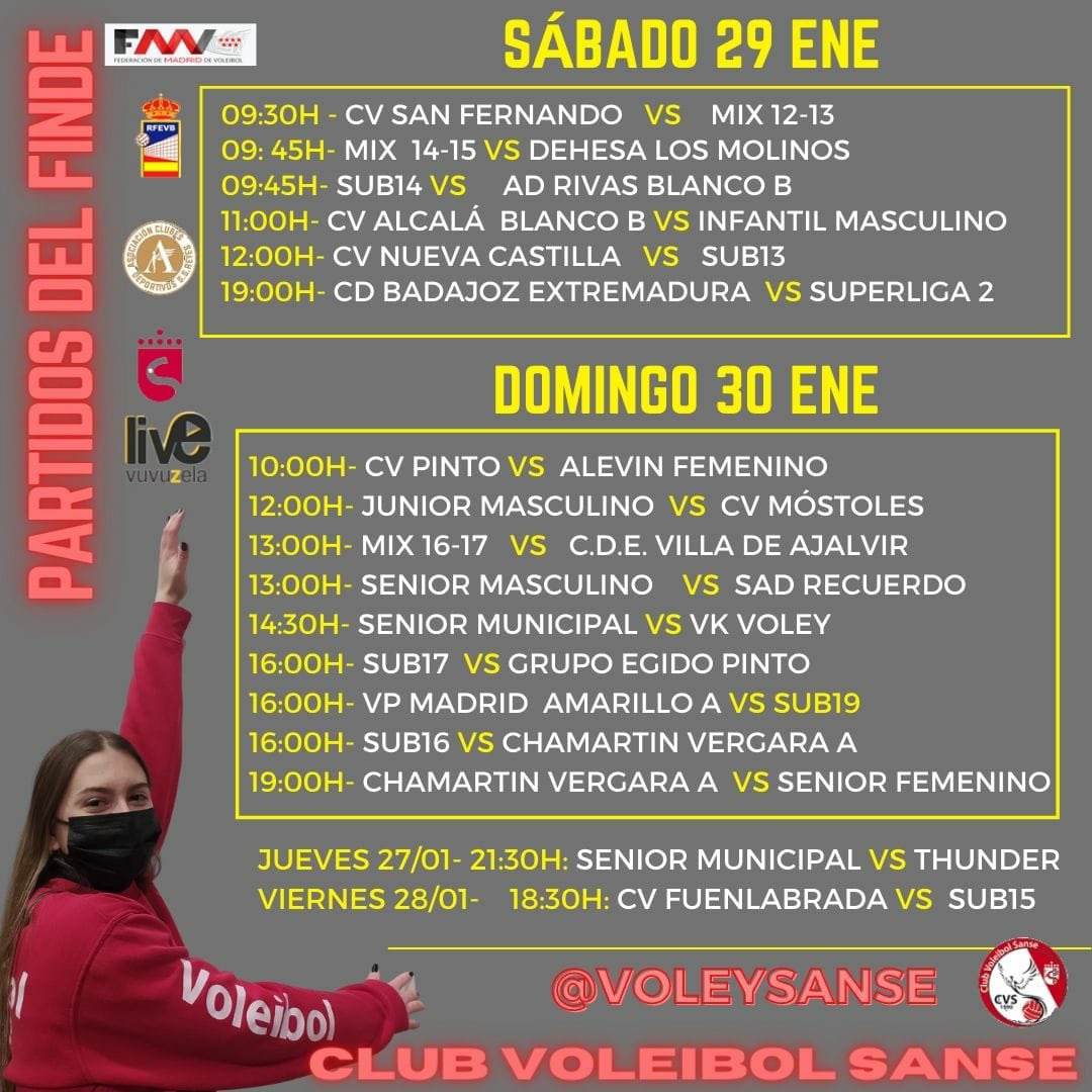 voleysanse's tweet photo. 🔜 ¡NUESTROS PARTIDOS DEL FINDE! 🏐
🏟️En el CVStadium:

📆 Sábado: Mix 14-15, Sub14

📆Domingo: Junior masculino, Mix 16-17, Senior masculino, Sub17, Sub16

👥Aforo al completo en la instalación
😷 Uso obligatorio de mascarillas 

#CvStadium #CvS #JugamosEnCasa #Temp21-22 https://t.co/QKBjJd3mjR