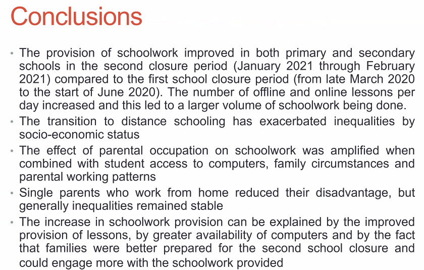 ilonapin's tweet image. Really interesting presentation by @NicolaPensiero on findings on how was #schoolwork affected during both #school closures, the impact of losing schooling on children &amp;amp; how inequalities were affected #Insightslaunch @usociety