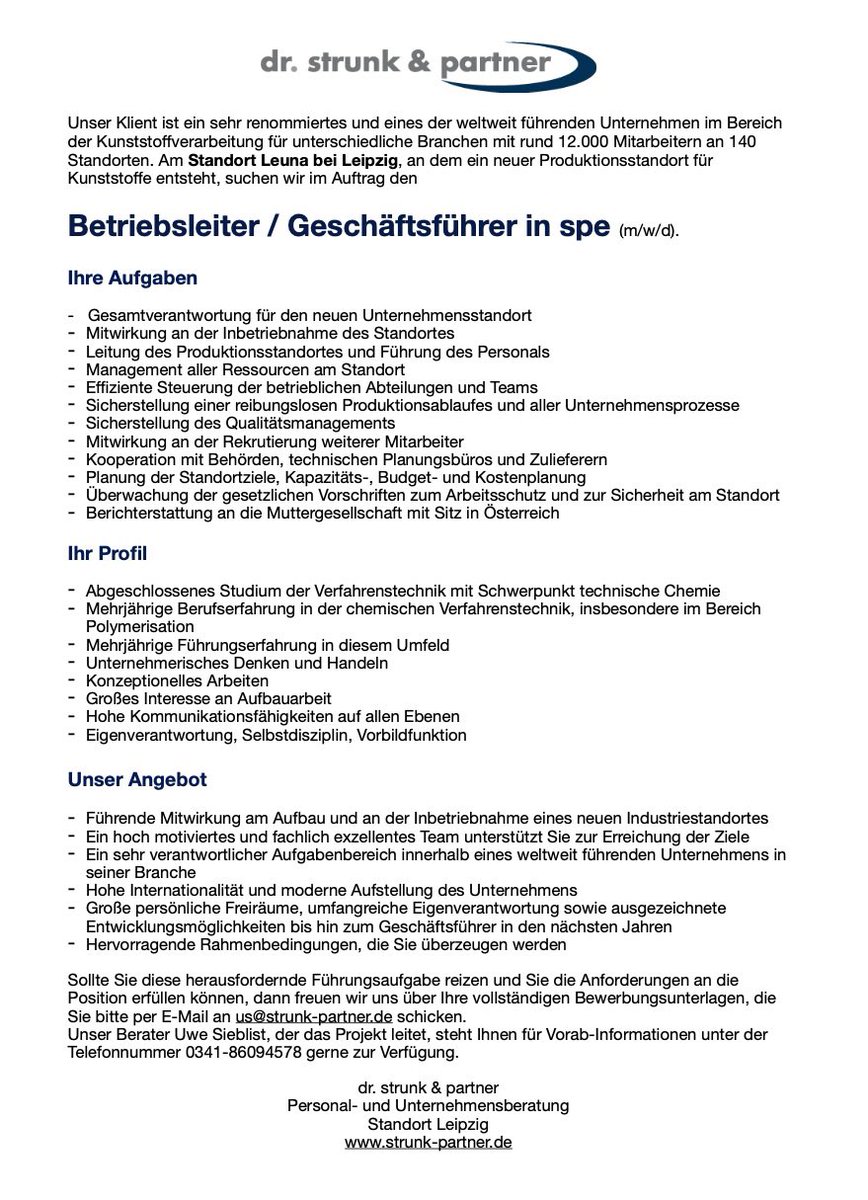#Führungskraft der #Verfahrenstechnik in #Leuna als #Betriebsleiter #Geschäftsführer in spe (m/w/d) von renommiertem Unternehmen der #Chemieindustrie gesucht.