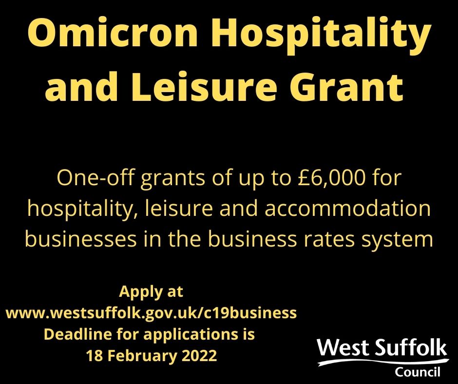 West_Suffolk's tweet photo. Grants of up to £6,000 #Omicron #COVID19 #BusinessGrants #WestSuffolk #Hospitality #Leisure #Accommodation #OmicronHospitalityAndLeisureGrant #OHLG
#Restaurants #Pubs #Cafes #Hotels and more...
Subject to eligibility criteria
Find out more and apply at https://t.co/MsYyhPdgmY https://t.co/exmycKK88x