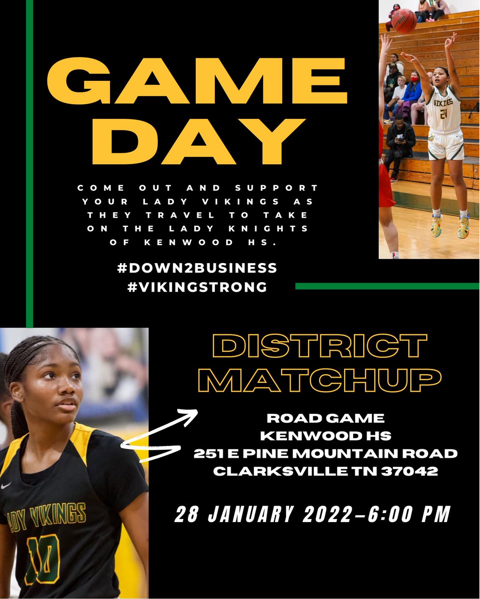 🏀 IT'S GAME DAY- AWAY GAME!!🏀
‼️DISTRICT PLAY‼️

Here's info about tonight’s district matchup:
📍Kenwood HS
🆚Kenwood Lady Knights
⏰V 6:00
🎟 bit.ly/3r8ypAE
🎥 bit.ly/3r8Z68n
FB🤳🏽 bit.ly/3mgKMaR

#DownToBusiness #OnTheRoad #VikingSTRONG #DistrictPlay