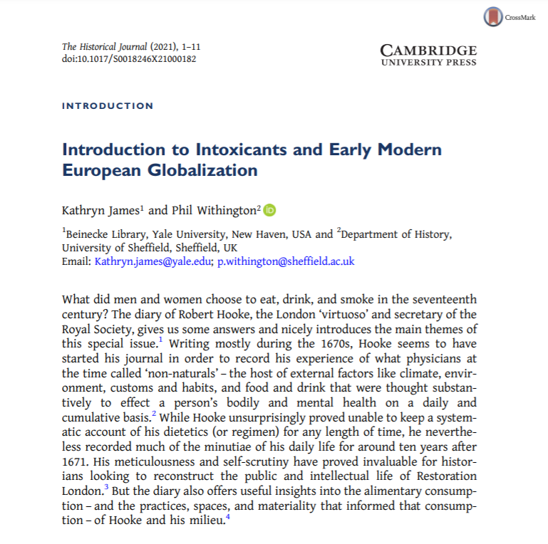HistoricalJnl's tweet photo. 📘From our latest issue!
Kathryn James (@OsbornEarlyMod) and Phil Withington (@unishefhistory) on 'Introduction to Intoxicants and Early Modern European Globalization'
#Global #Europe #Intoxicant #Tobacco #Eat #Drink 🍷
👉Read here: https://t.co/S6SkmukorP https://t.co/PlVdxVdSPE