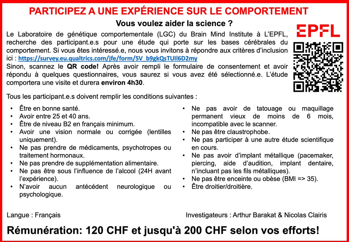 EPFL's tweet photo. Pour une étude sur les bases cérébrales du comportement, le @Brainmind_EPFL recherche des participant·e·s francophones, entre 25 et 40 ans, avec une vision normale ou corrigée par des lentilles.
 
Pour participer: https://t.co/ukpBjIG1we @epflSV https://t.co/leiQsYq4j0