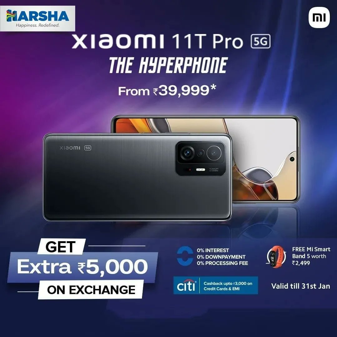 eHarshaIndia's tweet image. The #Hyperphone is here! Get your hands on the latest #Xiaomi 11T Pro #5G for starting price of Rs. 39,999. Want more?! Get extra Rs. 5,000 on the #exchange of your old device and exciting #card #benefits - #Upgrade your #smartphones at your nearest #Harsha today! #Karnataka