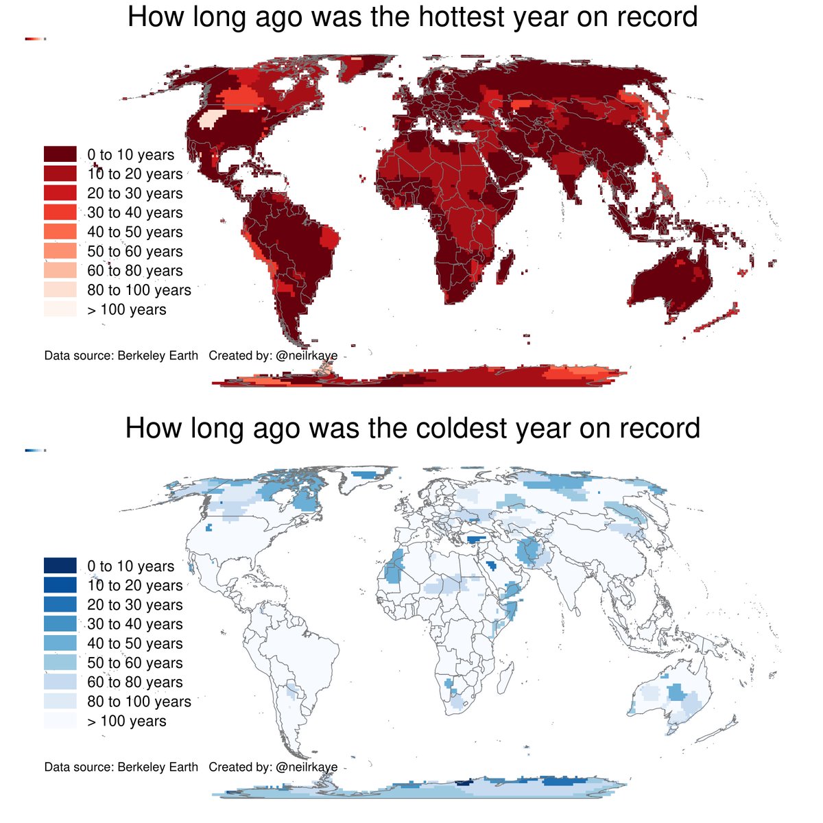 neilrkaye's tweet photo. How long ago were the hottest and coldest years on record around the world. 
#dataviz #globalwarming #climatechange https://t.co/B3qFcxS6Og