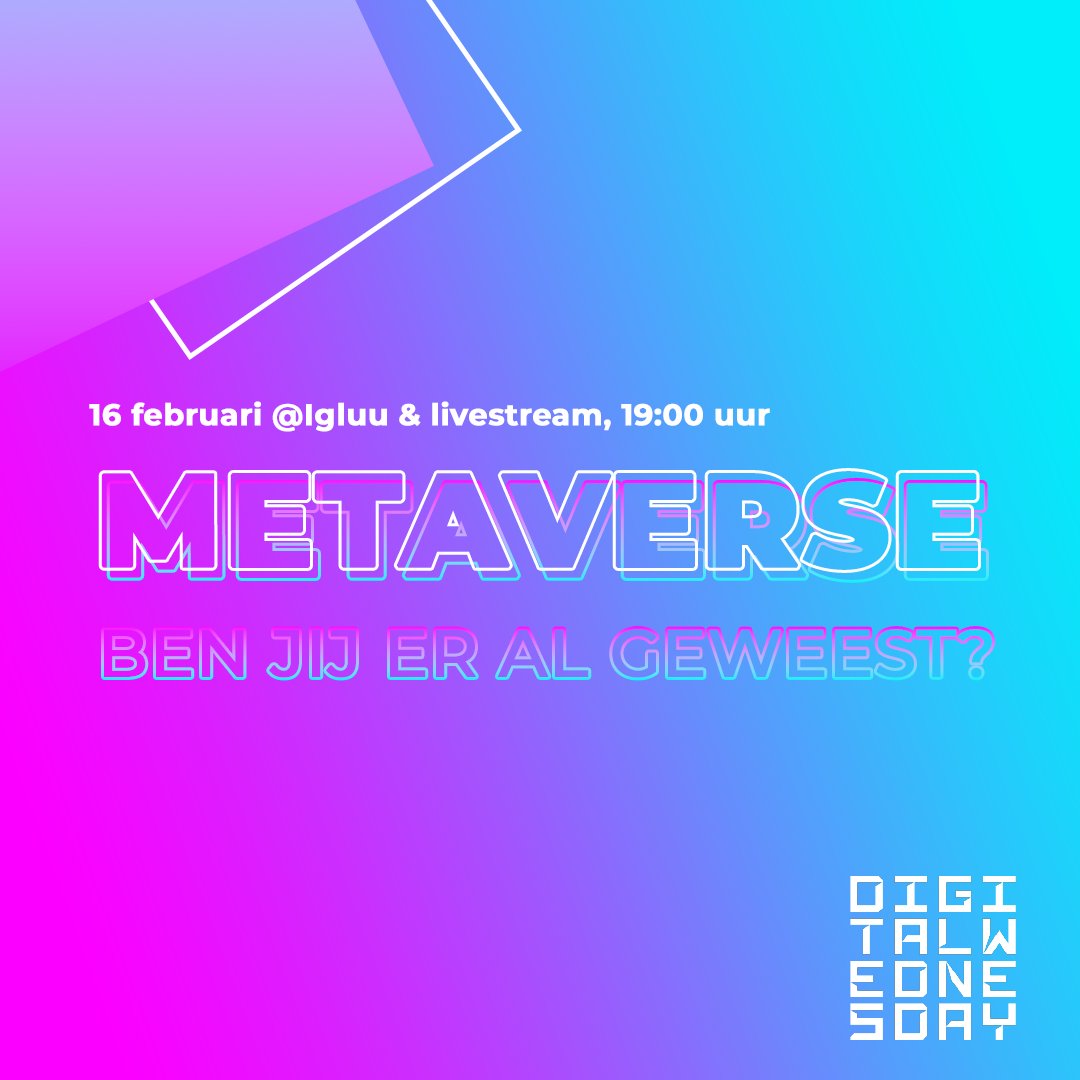 👋🏼 Hey world! Digital Wednesday neemt je mee in de wondere wereld van #metaverse. Deze fictieve online wereld wordt volgens experts gróót in 2022. Maar, wat is het precies en wat kunnen we ermee? Dat hoor je woensdag 16 februari. Be there or be square! buff.ly/3AGsgyP