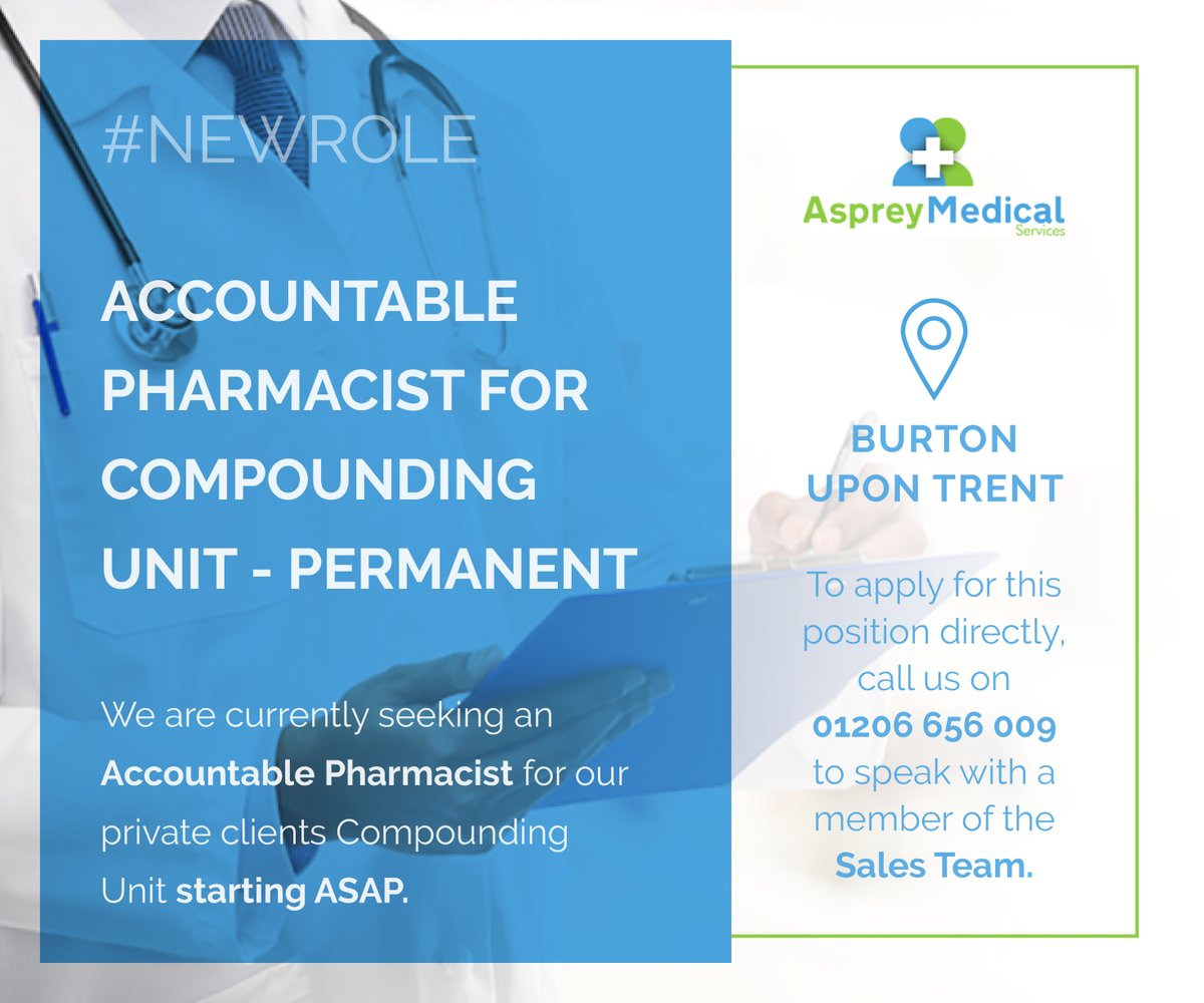 AspreyMedical's tweet photo. #NOWHIRING 💼💙💚

We are searching for an Accountable Pharmacist for our client!

contact us on 01206 656009 or visit https://t.co/jm8I0chhbJ 

#medicalrecruitment #healthcarerecruitment #nowhiring #recruitment #pharmacist #pharmacy #medicaljobs #permanentposition https://t.co/WOePO8gInH