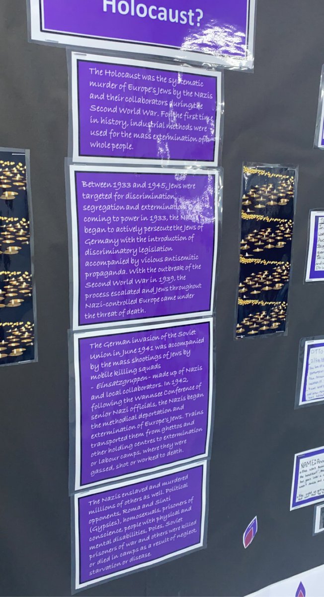 Our brilliant S4 Historians created this display yesterday on Holocaust Memorial Day. They have researched some of the victims of the Holocaust, writing information about them, paying tribute to the innocent lives that were lost during the genocide. #HolocaustMemorialDay