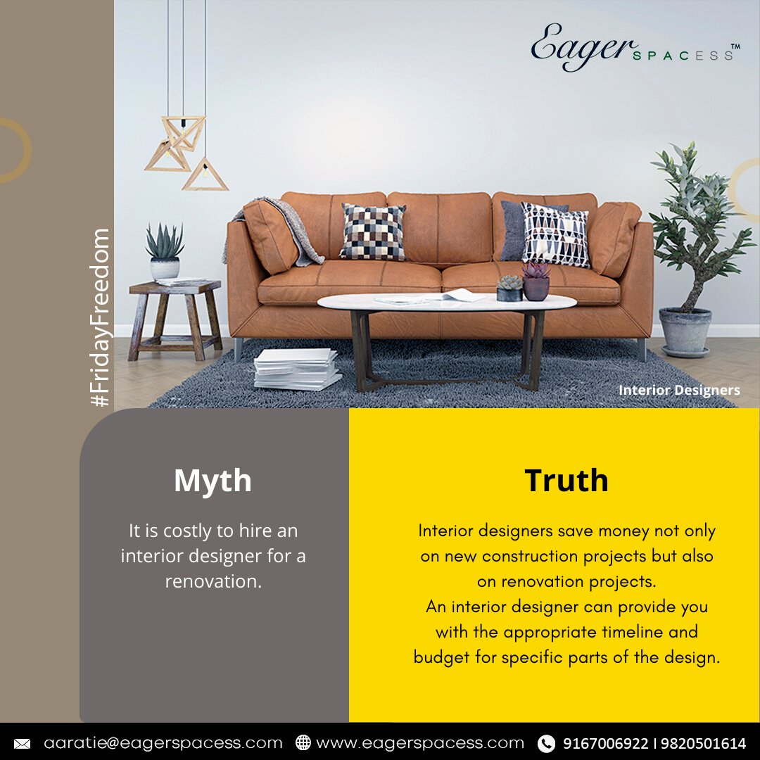 eagerspacess's tweet photo. Let's break the myth &amp; truth about Interior designers with @eagerspacess 
Follow us for more Ideas &amp; Updates @eagerspacess 

For more info call us on 9167006922 / 9820501614
📩 aaratie@eagerspacess.com
🌐 https://t.co/IpyBXZw9Hr

#fridayfreedom #bestinteriordesigner https://t.co/n8ORSpOgnL