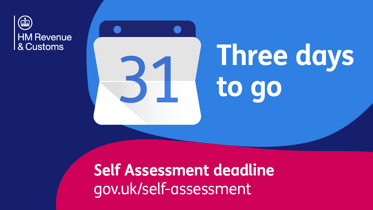 HMRCgovuk's tweet photo. There are just 3 days to go until the Self Assessment deadline. You will not be charged a late filing penalty if you file by 28th February. You also won’t be charged a late payment penalty if you set up a time to pay arrangement by 1 April. More here:  https://t.co/gqqDewip6J https://t.co/e7GI8C8cBc