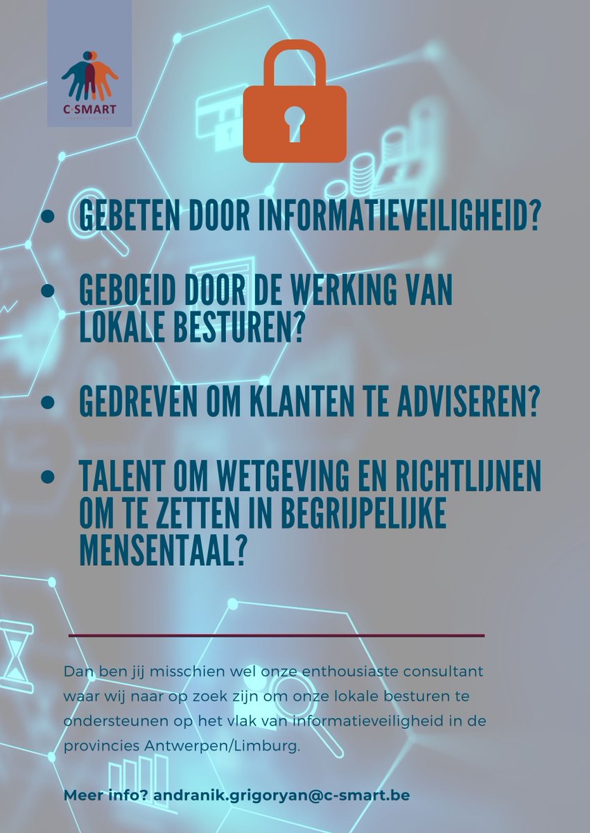 csmart_be's tweet image. HOERA ! Vandaag is het de Europese dag van de Privacy. Uitgelezen moment om jullie te laten weten dat we twee consultants Informatieveiligheid zoeken om ons dynamische team te vervoegen! Meer info via privacy@c-smart.be !