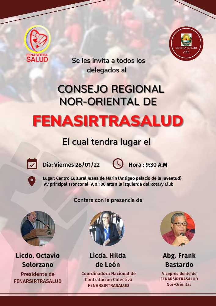 Fenasirtrasalud's tweet photo. FENASIRTRASALUD, SESTRASALUD Y SINBOPROENF, invitan al primer consejo central región Nor-oriental año 2022👍🏼💪🏼vamos por la firma del acta convenio de nuestro contrato colectivo👍🏼🙏🏼🙌🏼🤜🏽🤛🏻 https://t.co/SASkk31qiQ