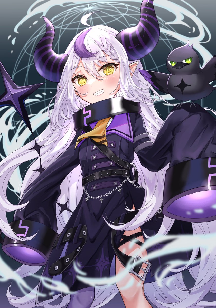 la+ darknesss 1girl horns long hair sleeves past wrists yellow eyes purple hair sleeves past fingers  illustration images