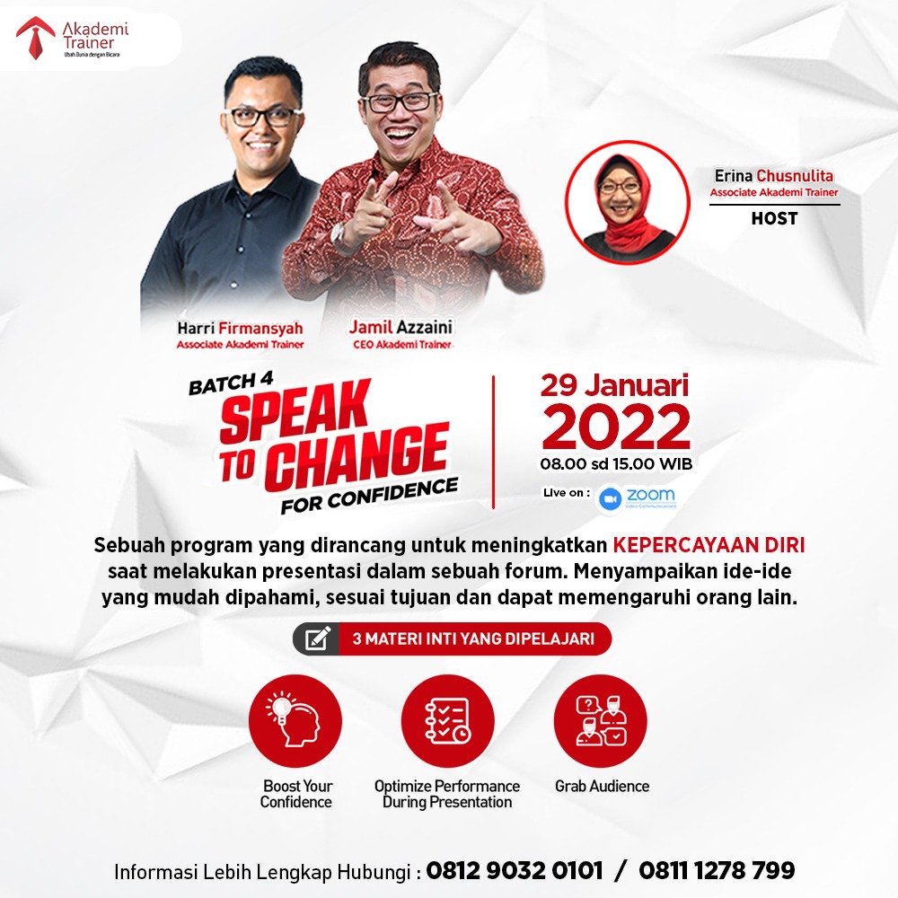 JamilAzzaini's tweet photo. Kemampuan mempresentasikan ide dan gagasan adalah salah satu faktor penentu kesuksesan (Thomas J Stanley). So, kalau ada yang minta presentasi ide, gagasan atau pengalamanmu. "Pede aza"..
.
#JamilAzzaini #SpeakToChange #AkademiTrainer #SpeakToChangeForConfidence https://t.co/GMc3WPC6hV