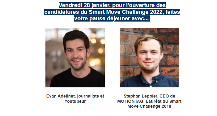 EuMoExpo's tweet photo. 🚀Lancement du #SmartMoveChallenge ! Rendez-vous à 12h30 pour 30 minutes de Q&amp;A en live entre @evandebretagne et Stephan Leppler, CEO de @MOTIONTAG, startup allemande allemande engagée dans la mobilité plus responsable. 
👉https://t.co/bQpqhACDpn
@GART_officiel 
@UTP_Fr https://t.co/5I3Wf0LrkM