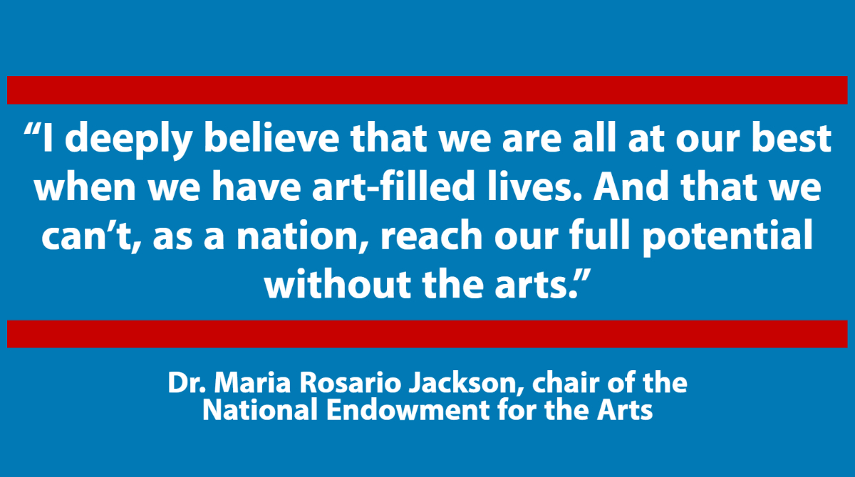 NEAarts's tweet photo. “I deeply believe that we are all at our best when we have art-filled lives. And that we can't, as a nation, reach our full potential without the arts.” 
 
Inspiring words from the all-staff meeting with our new chair Dr. Maria Rosario Jackson to close out the week. https://t.co/ggFxp0xLos