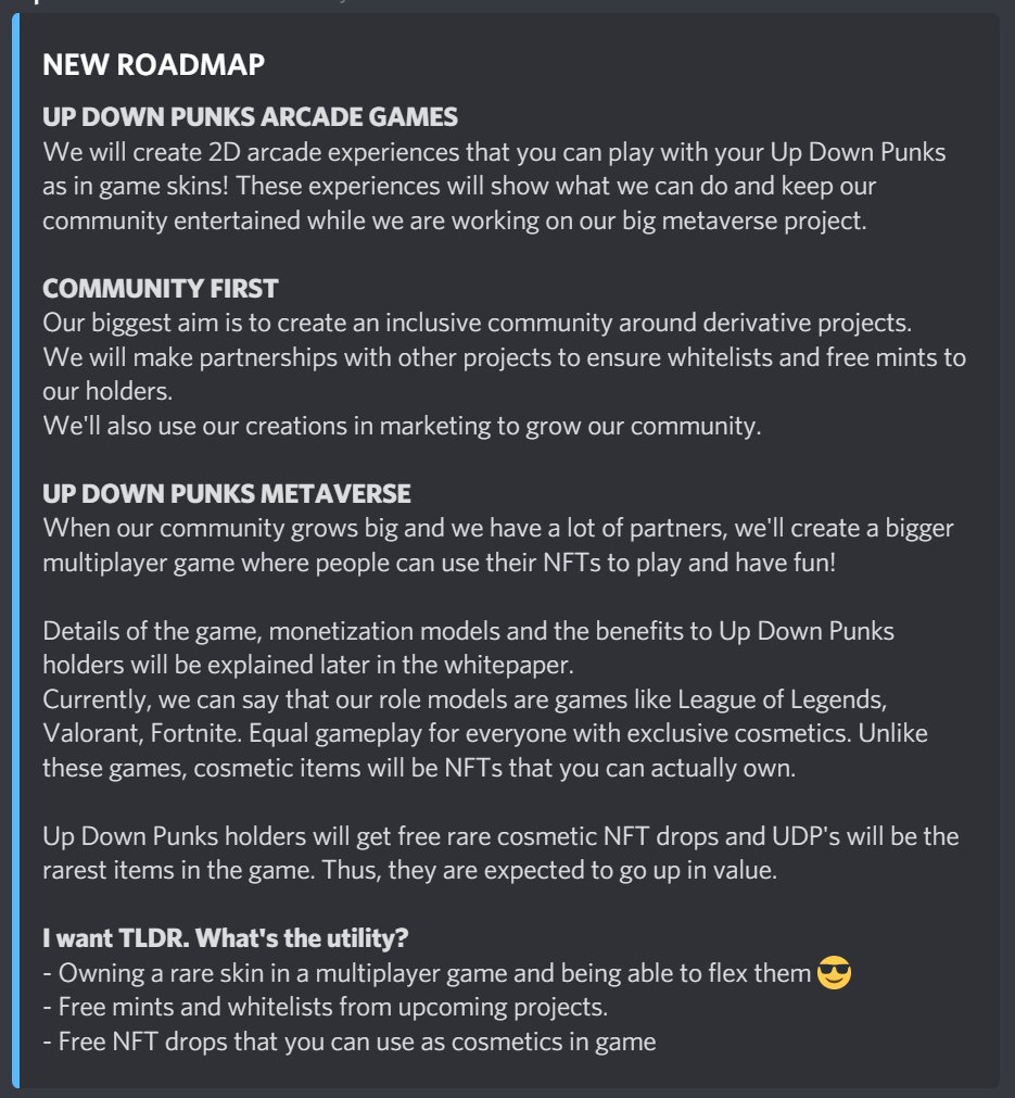 updownpunks's tweet photo. Up Down Punks! Today we are extremely excited to share our new roadmap proposal with you!

Up Down Punks is on a Metaverse mission!

Check it out! And if you like it, don't forget to vote for it on our Discord server!

https://t.co/ScIUU4PTf4 https://t.co/BY7GuS5aFe