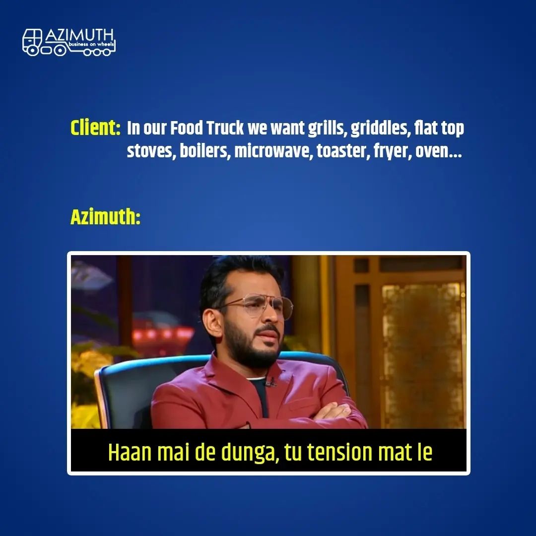 AzimuthWheels's tweet photo. Memes hamari expertise nahi hai but we are not out 👆

We can scale your business just like a shark 🦈

Contact us to customize your Business Truck today!

#Azimuth #sharktankmemes #SharkTankIndia https://t.co/WsgMw8086i