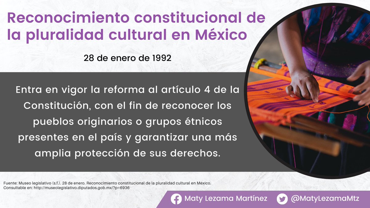 🗓️28 de enero | #UnDíaComoHoy, pero de 1992, nuestra Nación mexicana reconoce la 𝗽𝗹𝘂𝗿𝗶𝗰𝘂𝗹𝘁𝘂𝗿𝗮𝗹𝗶𝗱𝗮𝗱 sustentada originalmente en sus pueblos indígenas. 

⚖️Esta disposición promueve y garantiza, entre otros, el desarrollo de sus lenguas, cultura, usos y costumbres.