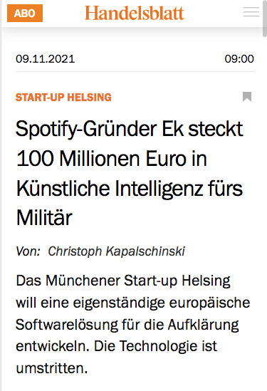 angelikaexpress's tweet photo. Neil Young vergaß zu erwähnen, wohin die Tantiemen fließen, die man als KünstlerIn beim wichtigsten Streamingdienst #Spotify nicht verdient: in die Entwicklung von Kriegs-Software, die helfen soll, Leute vollautomatisch und effizient umzubringen. "Helsing", widerlich. https://t.co/ZjKDeJ27K2